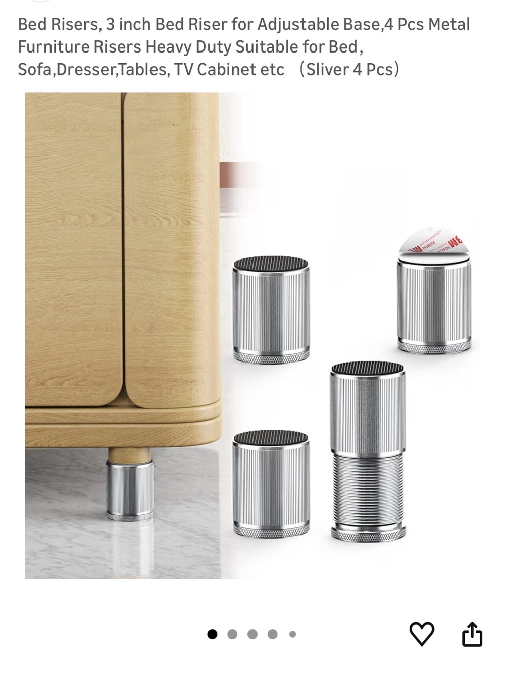 Adjustable Silver Metal Furniture Risers - 3 Inch (4 Pack)
